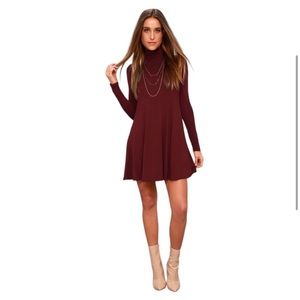 Lulu’s Sway, Girl, Sway! Wine red turtleneck long sleeve mini dress.